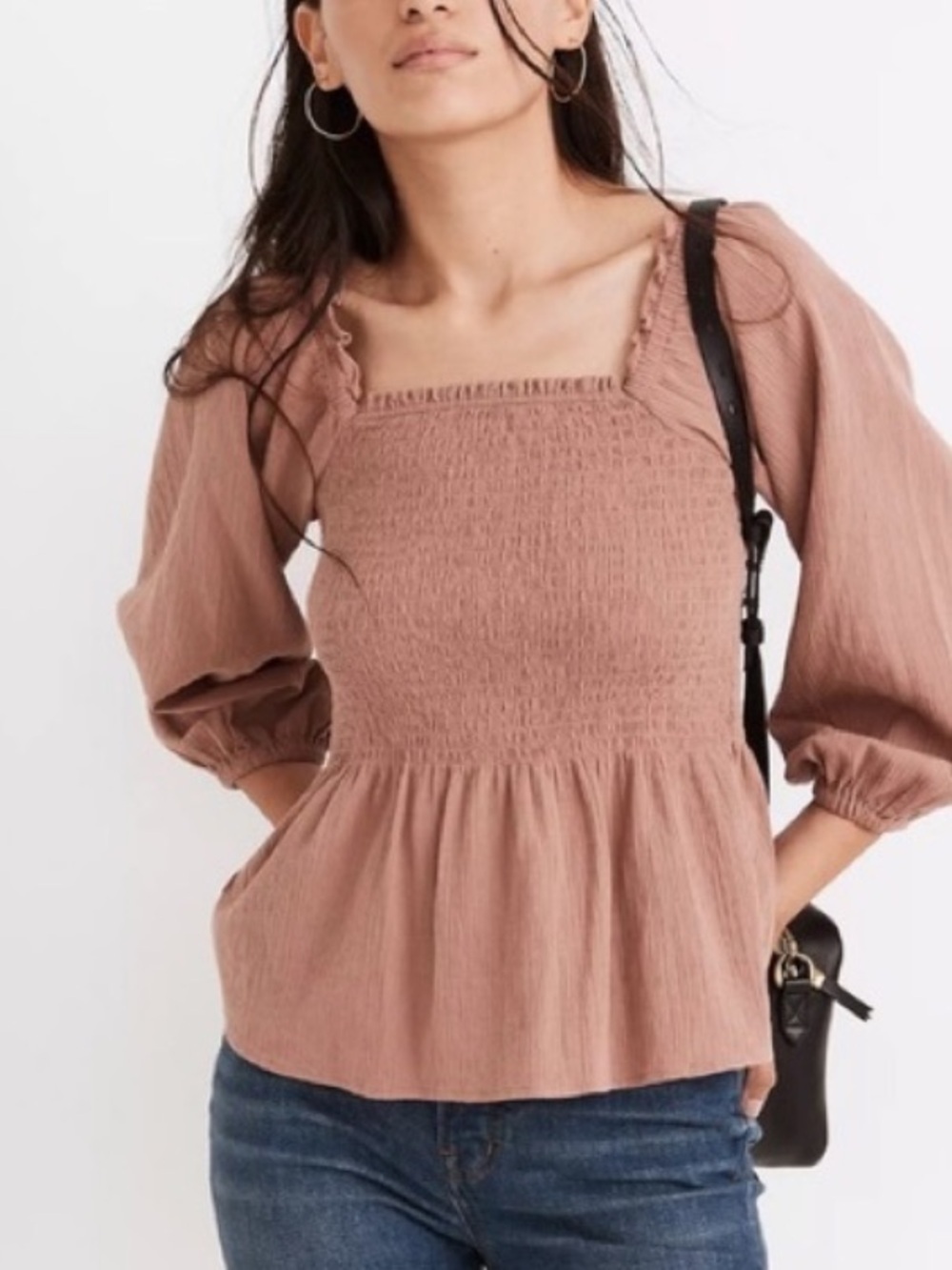 Madewell 100% Cotton Smocked Peasant Long Balloon Sleeve Blouse 12 Pink